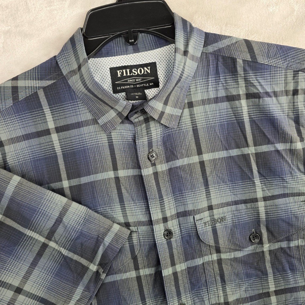 Filson Mens Plaid Short Sleeve Button‎ Up Shirt Medium Blue Gray Lightweight
